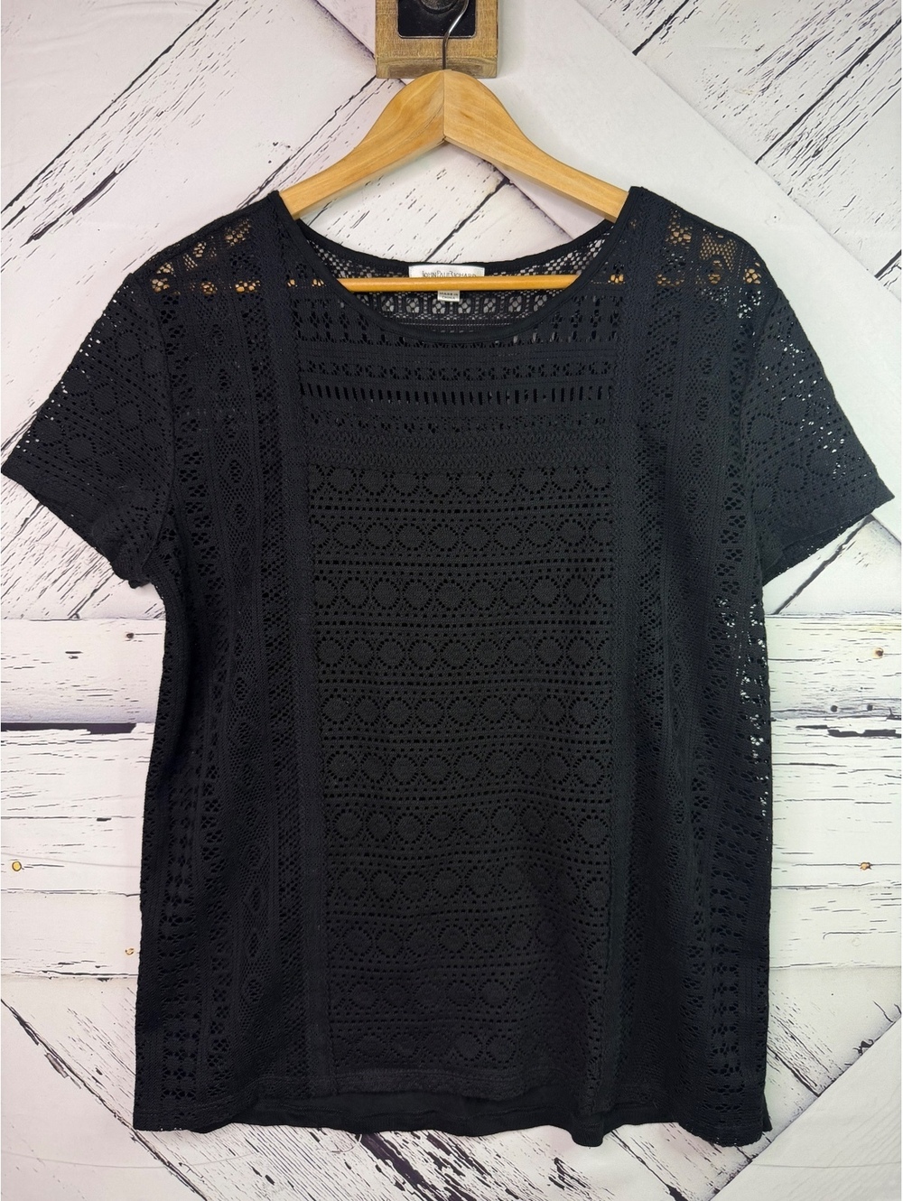 Boho John Paul Richard Black Crochet Sheer Festival Whimsy Top Women’s Large
